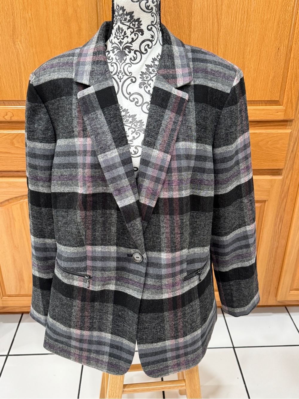 Tahari ASL Plaid Longline Blazer Jacket Plus Size 16W Y2K